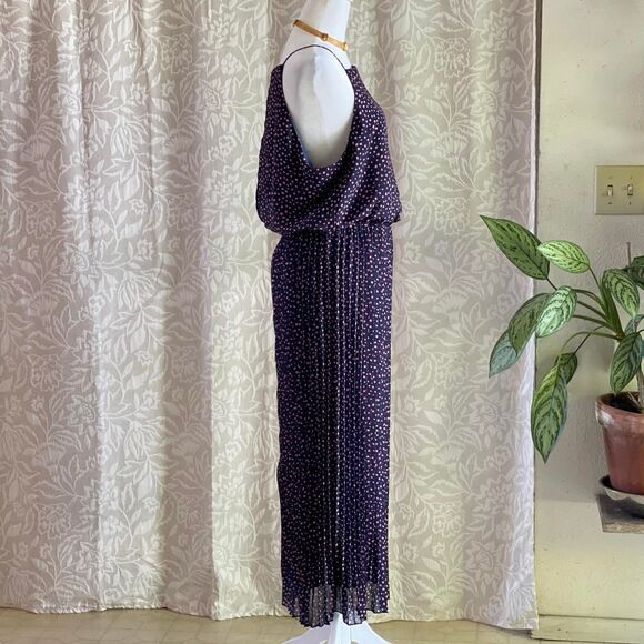 NWT Sam Edelman Chiffon Navy Blue & Pink Polka Dot Pleated Maxi Dress Size 12 - Picture 2 of 8